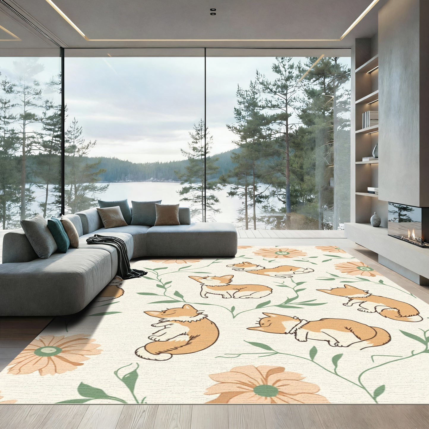 Whimsical Corgi Floral Garden Rug