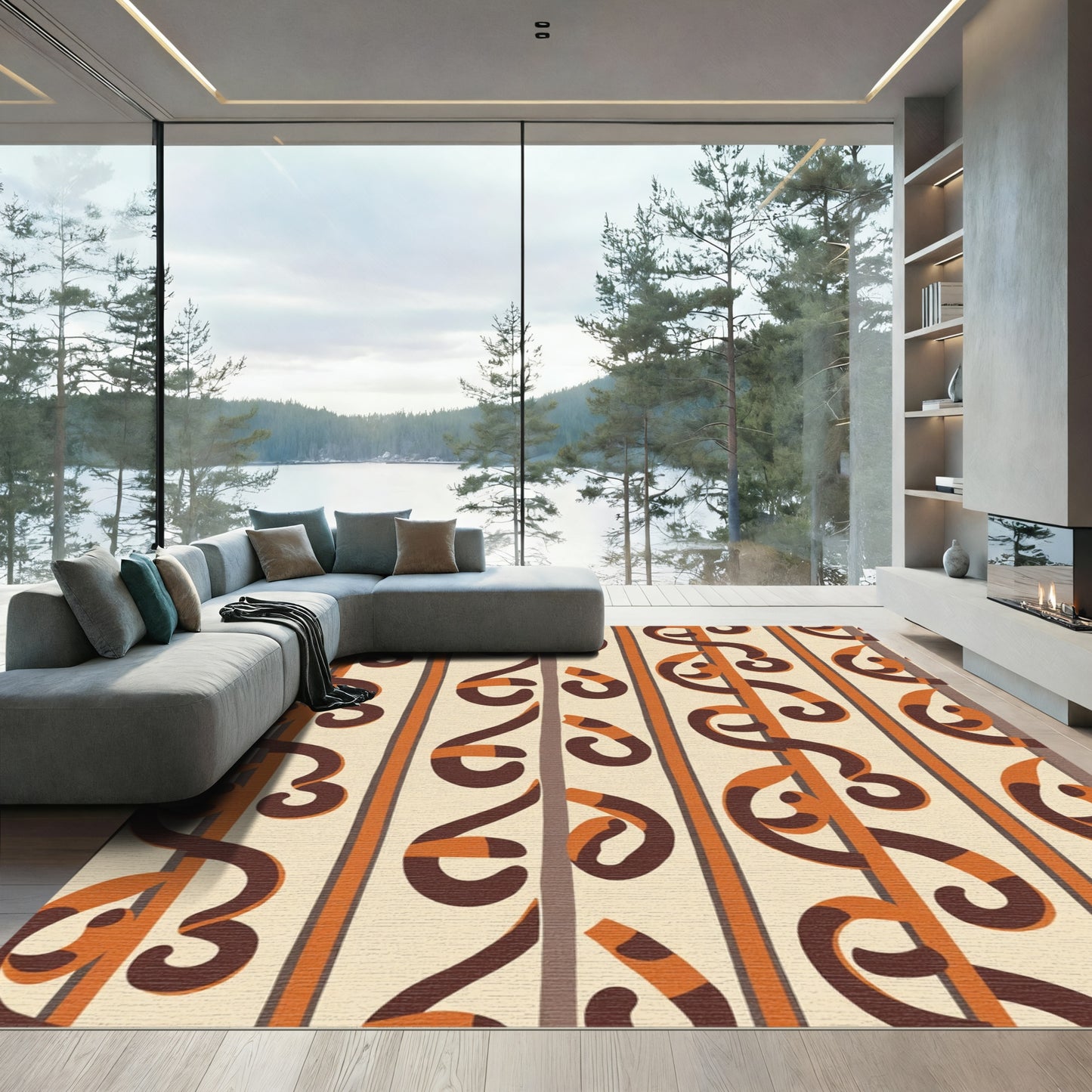 Brown Orange Swirl Vertical Stripe Rug