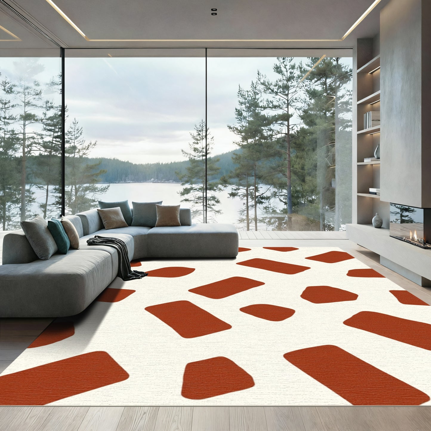 Terracotta Blob and Rectangle Abstract Ivory Rug