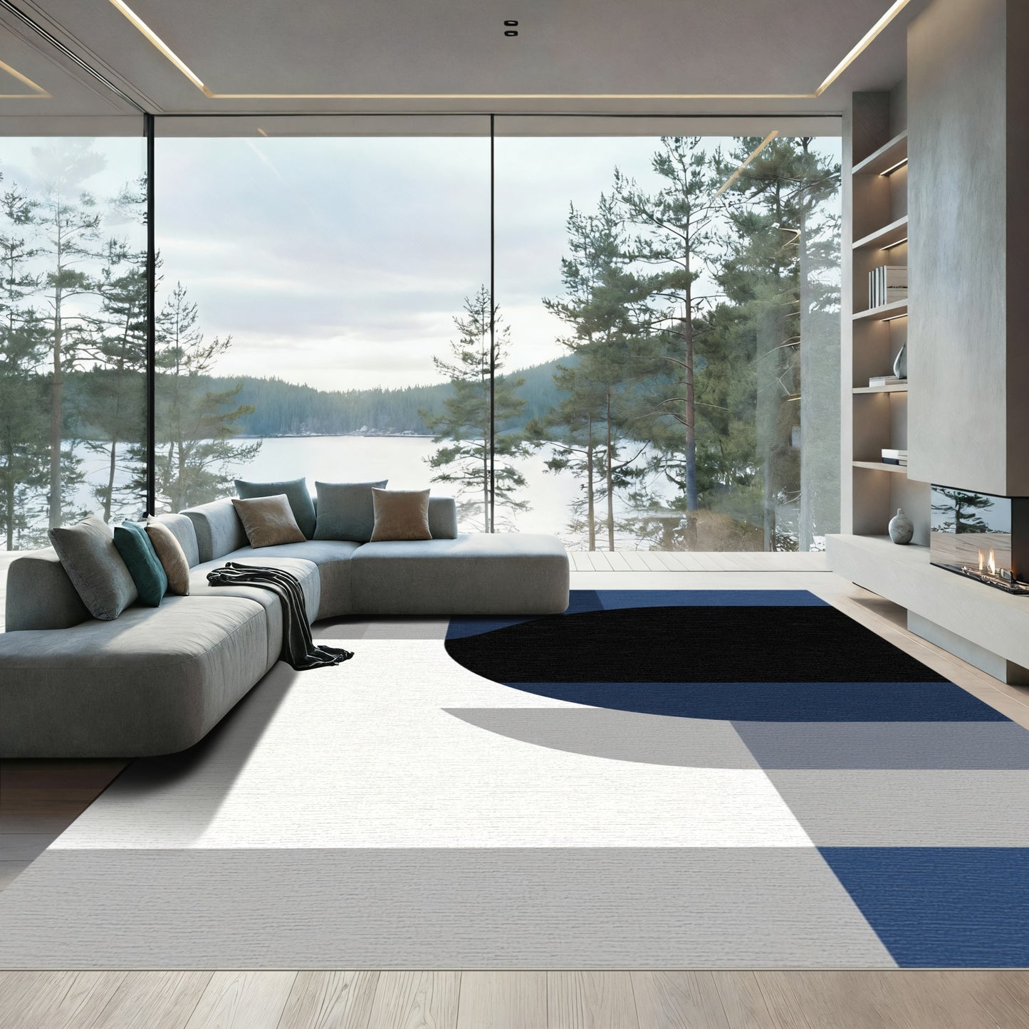 Modern Blue Grayscale Geometric Arc Rug