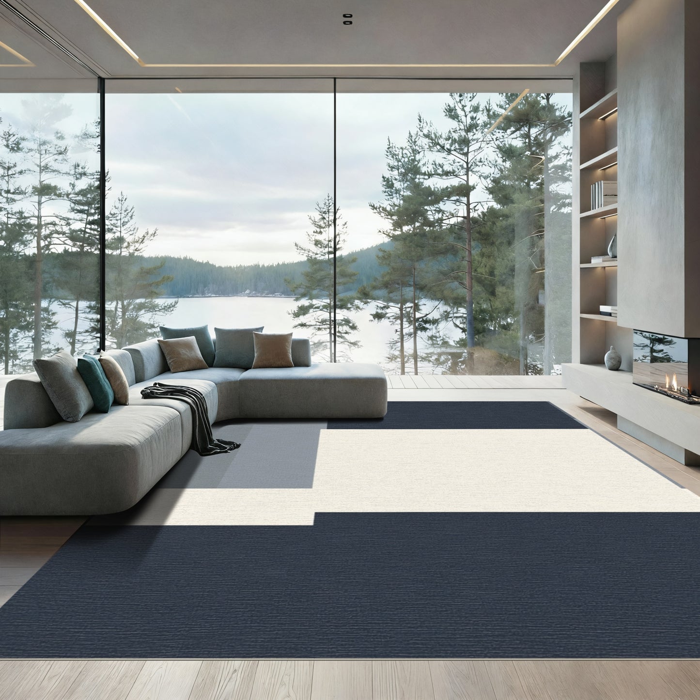 Modern Geometric Blocks Navy Ivory Rug
