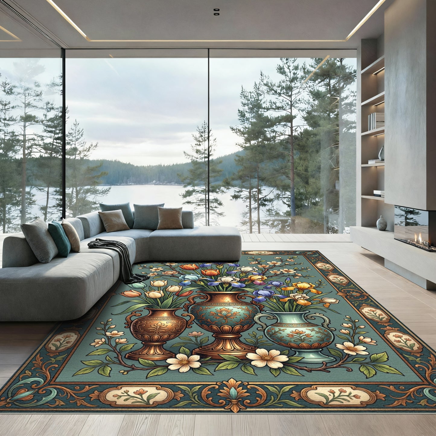 Ornate Floral Still Life Vase Arrangement Rug