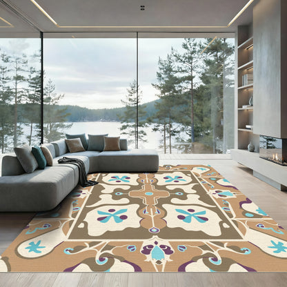 Brown Cream Turquoise Floral Medallion Rug