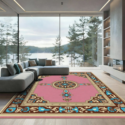 Vintage Pink Floral Medallion Border Rug