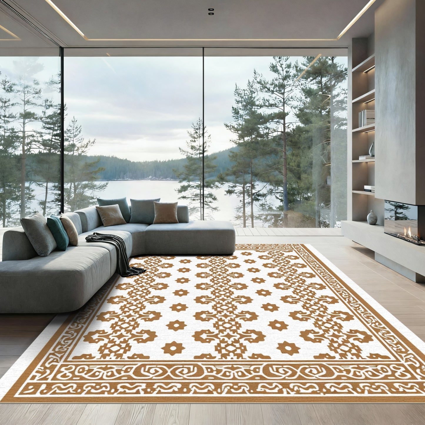 Antique Gold Intricate Medallion Border Rug