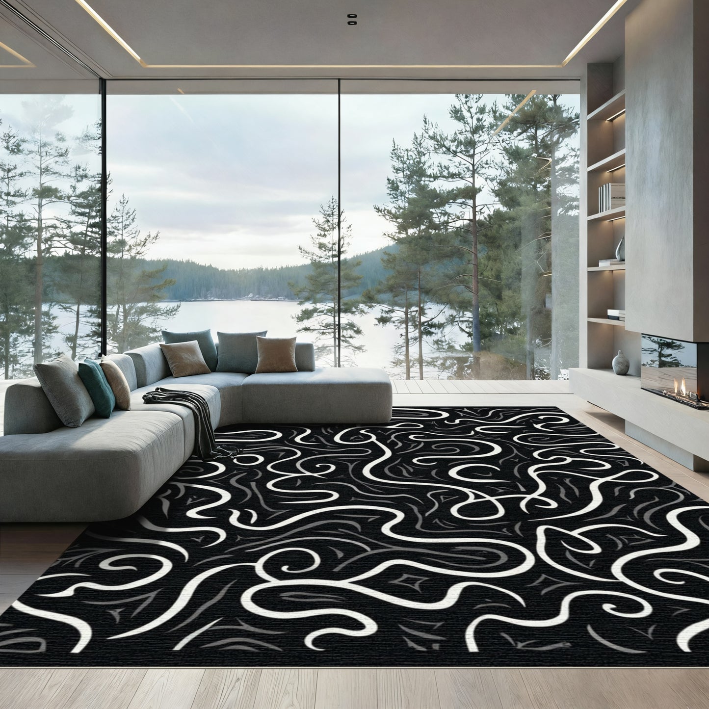 Bold White Black Swirl Abstract Rug