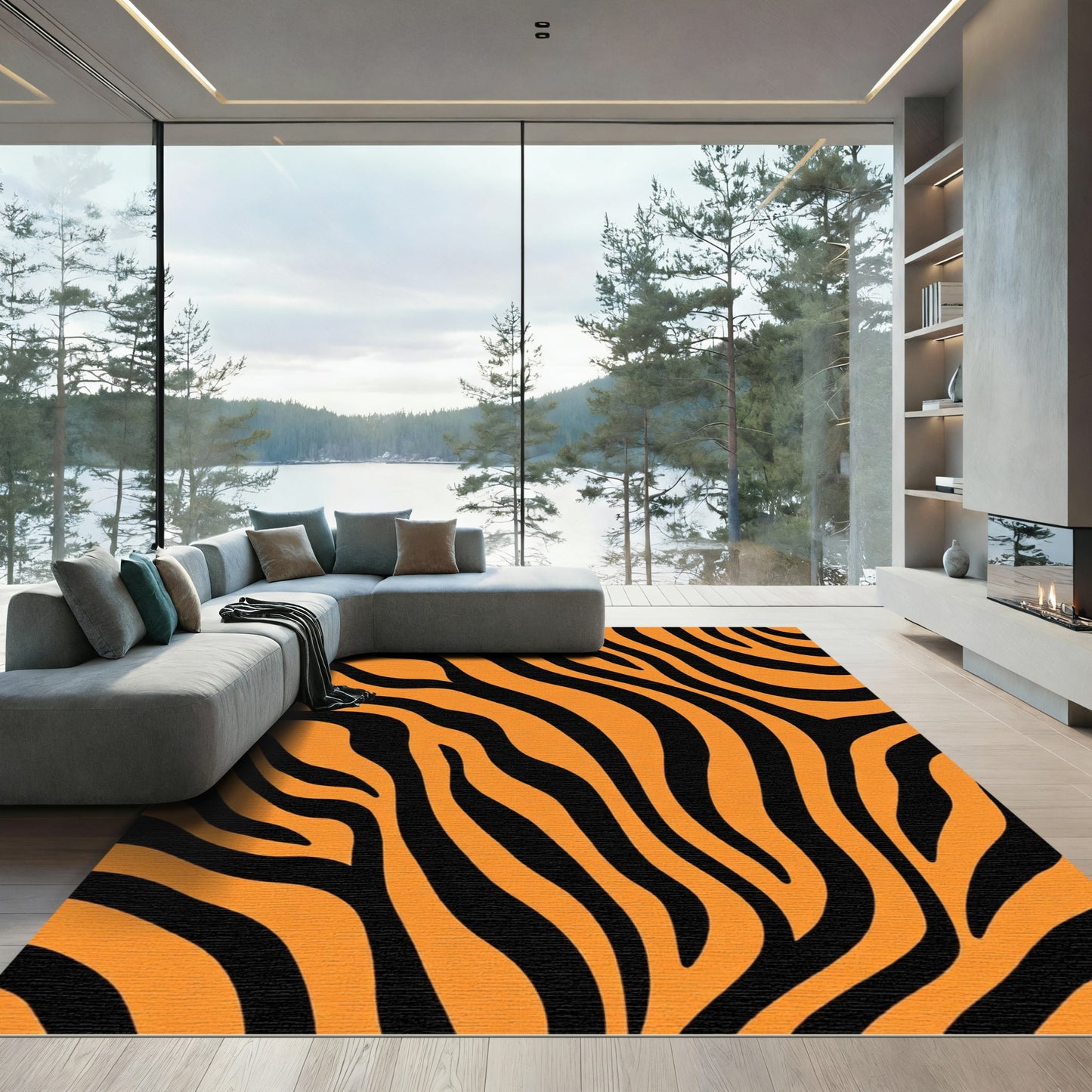 Vibrant Orange Black Swirl Stripes Rug