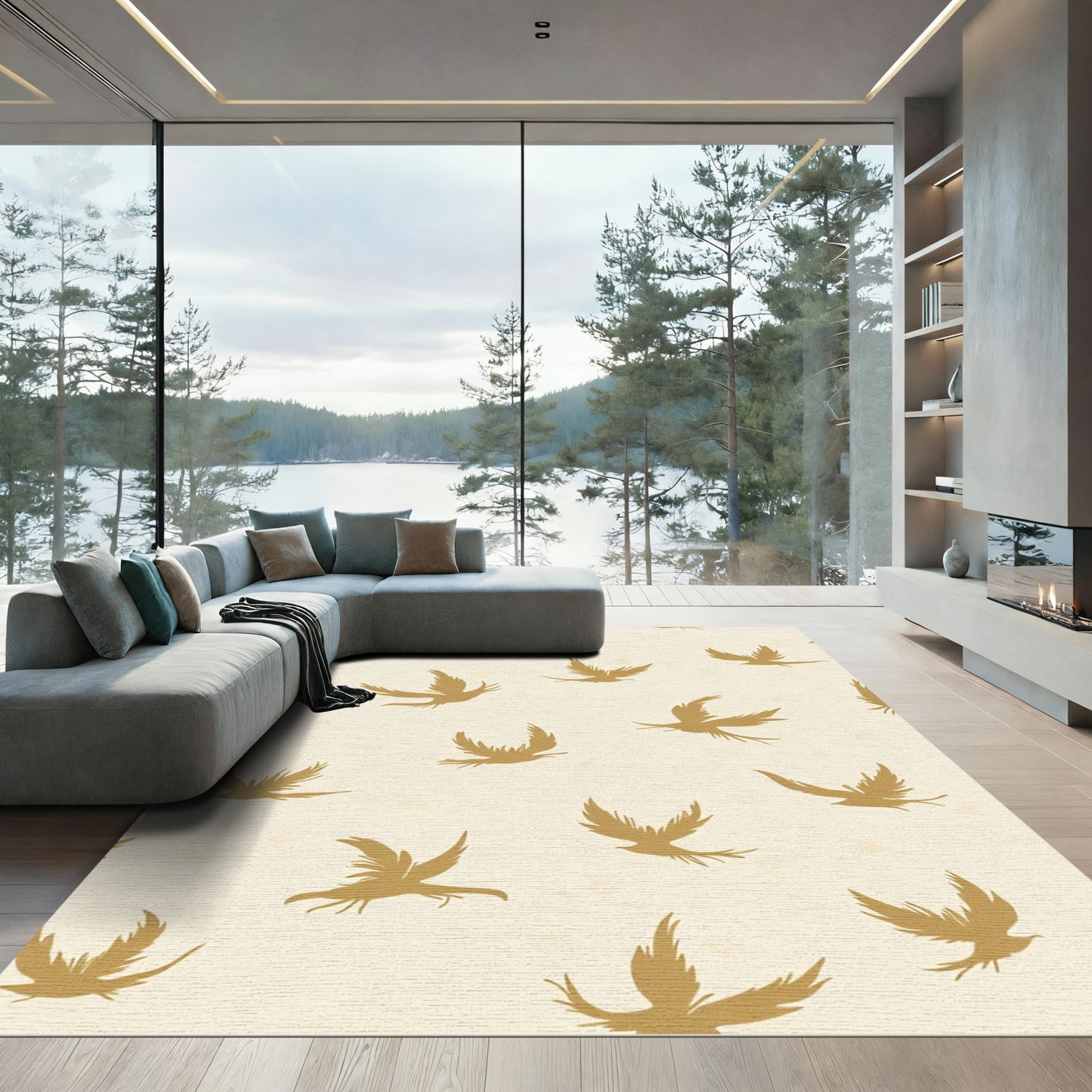 Golden Flying Birds Cream Background Rug