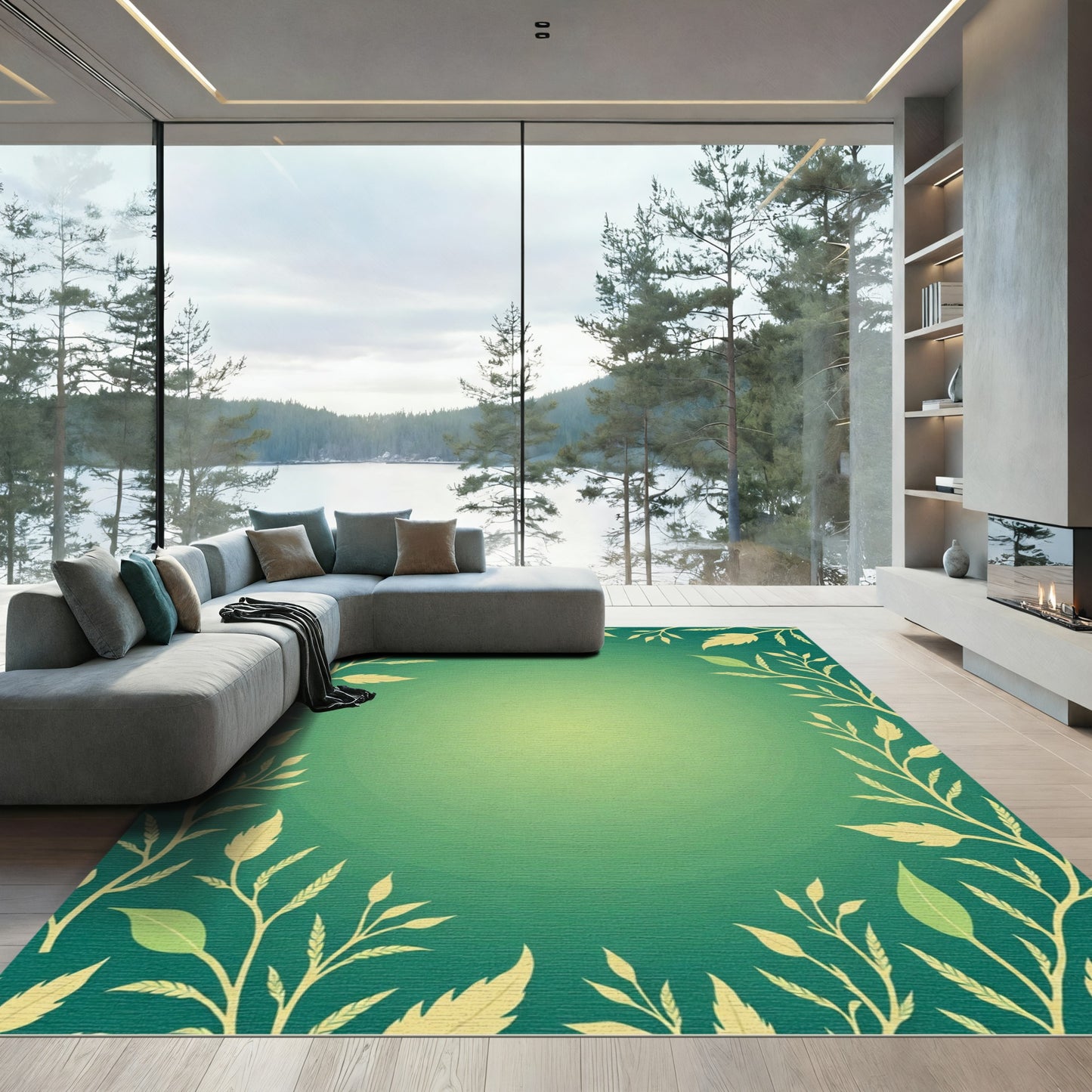 Emerald Green Leafy Vine Border Rug