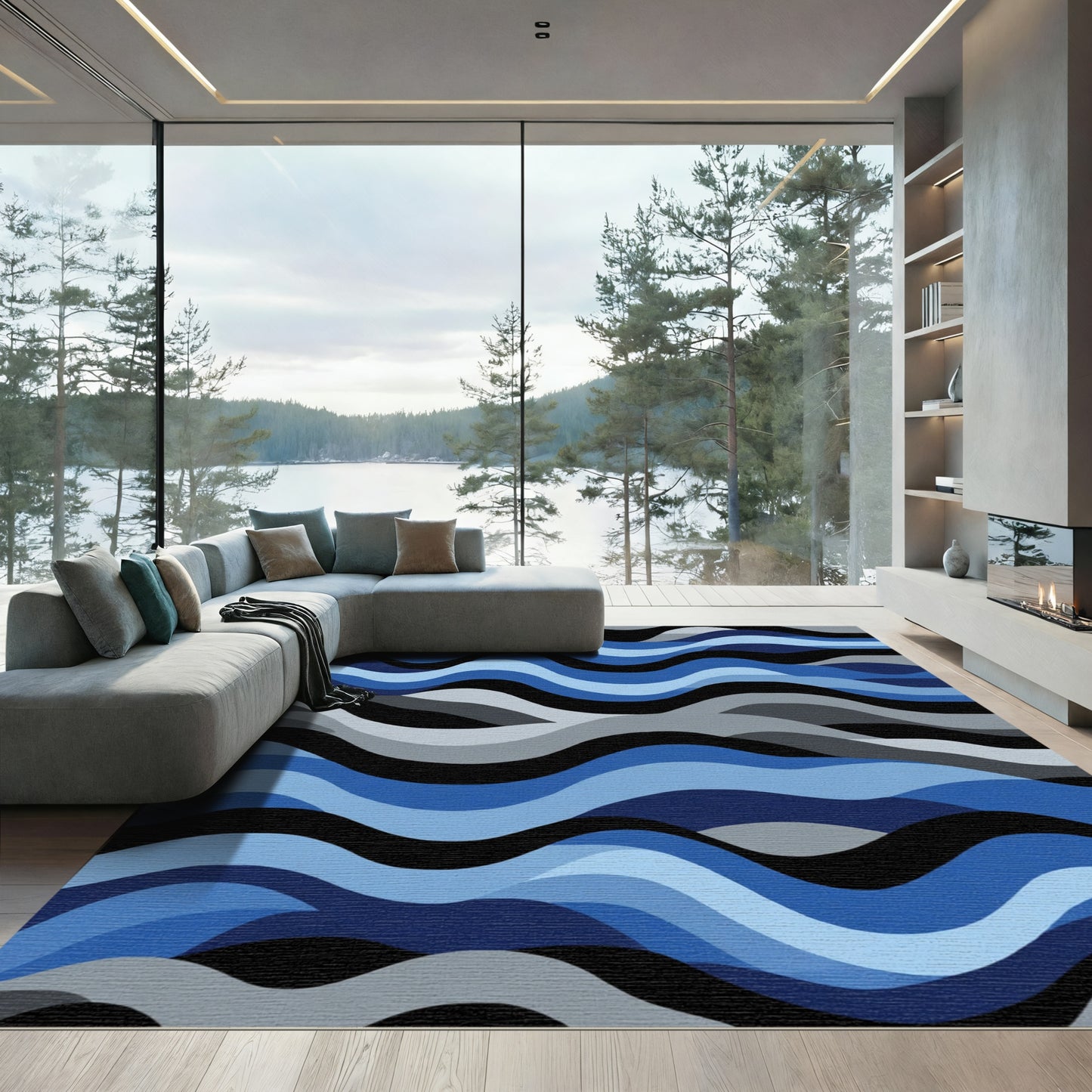 Cool Blue Wave Landscape Rug