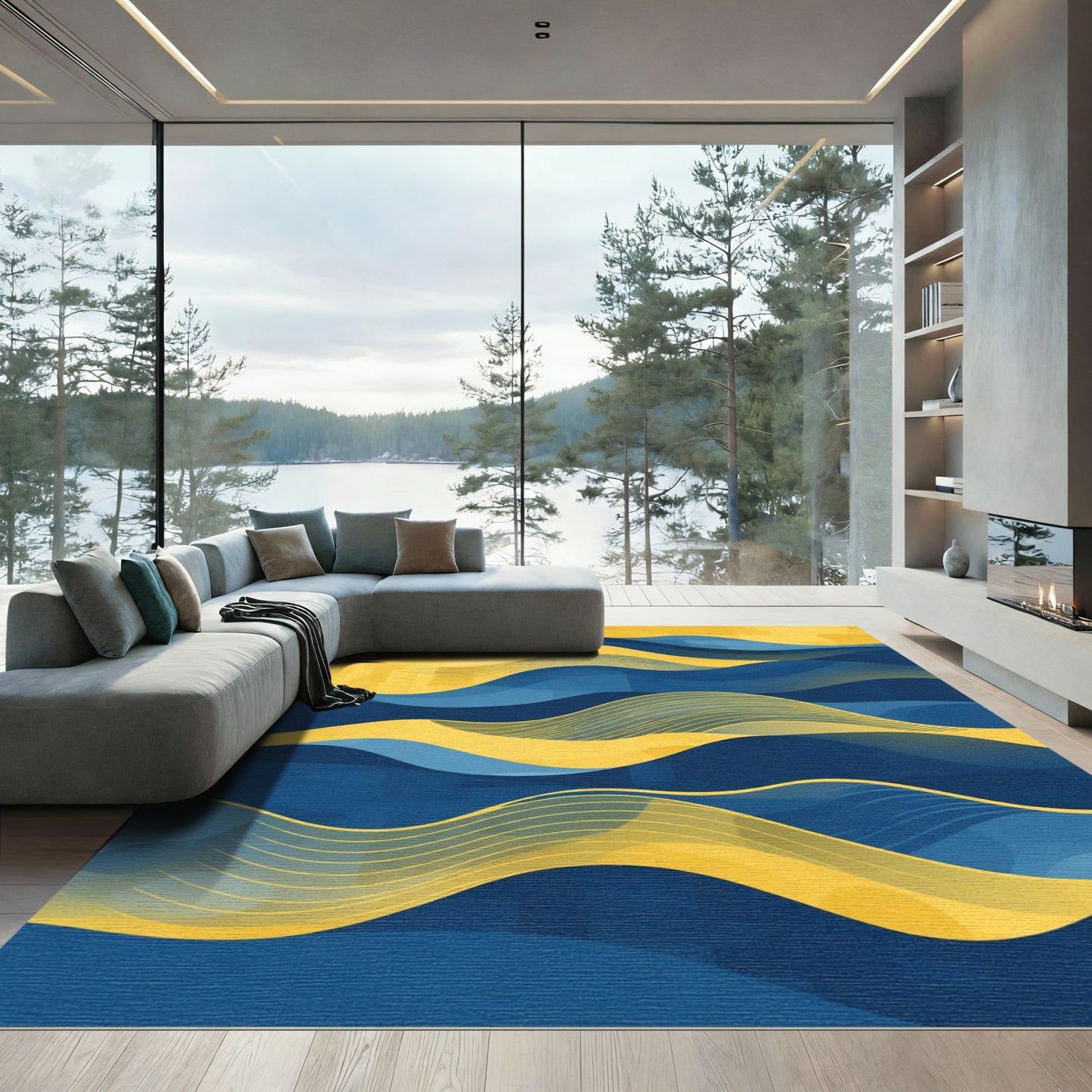 Abstract Blue Yellow Wavy Landscape Rug