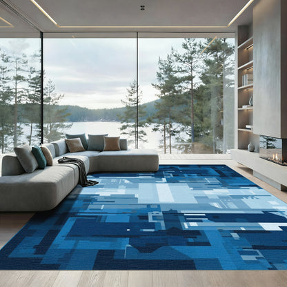 Cool Blue Abstract Geometric Blocks Rug