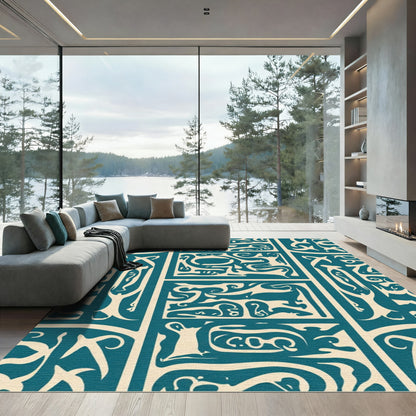 Teal Cream Abstract Pictorial Panels Rug