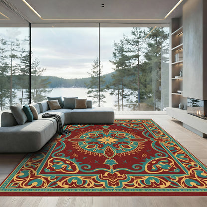 Crimson Teal Golden Floral Medallion Rug