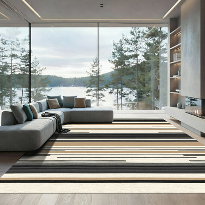 Contemporary Cream Black Tan Stripe Rug