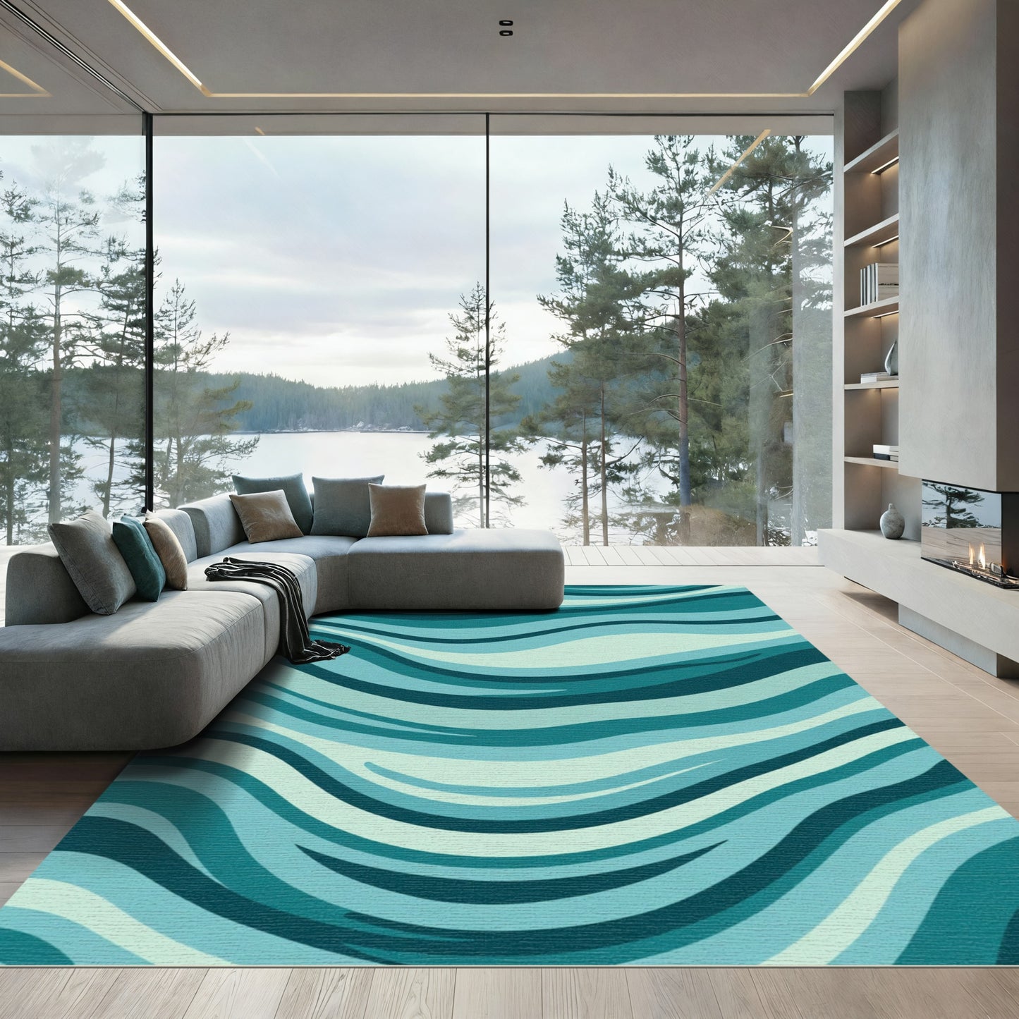 Abstract Teal Aqua Wave Flow Rug