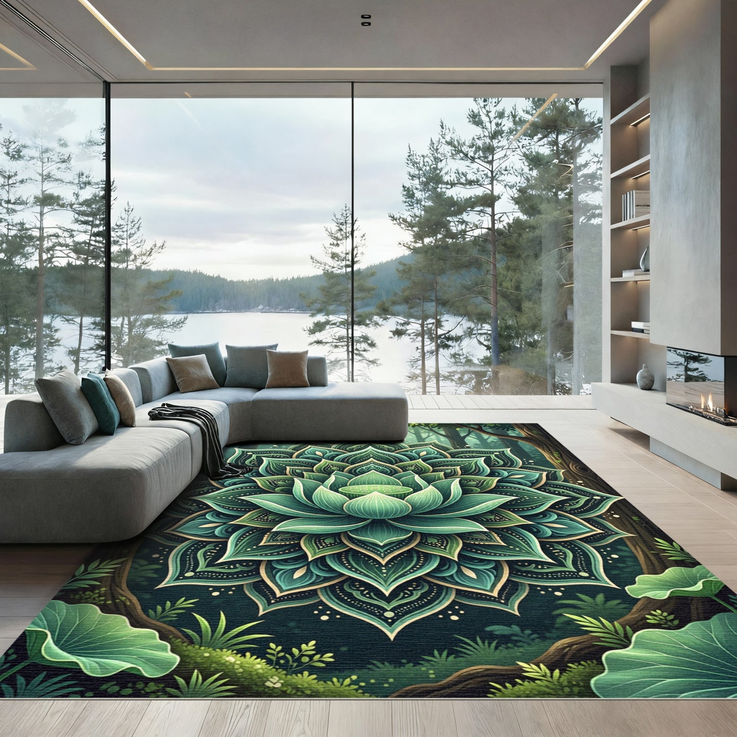 Emerald Lotus Forest Mandala Rug