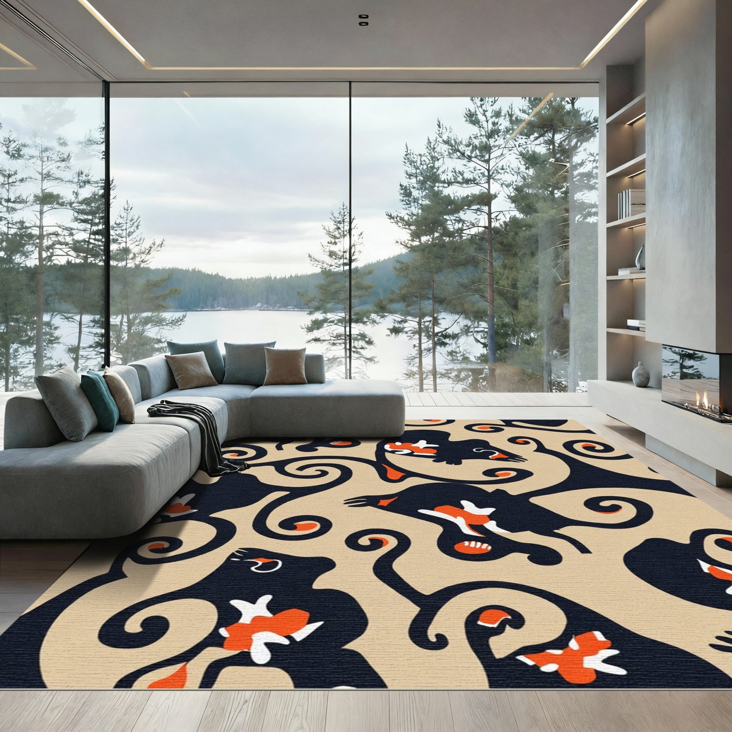 Abstract Black Orange Swirl Shapes Rug