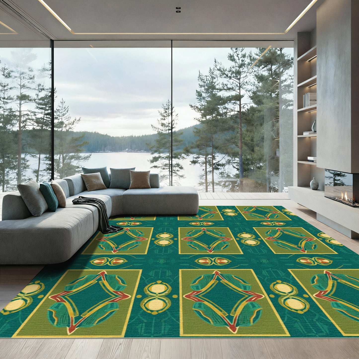 Emerald Green Jewel Tone Diamond Medallion Rug