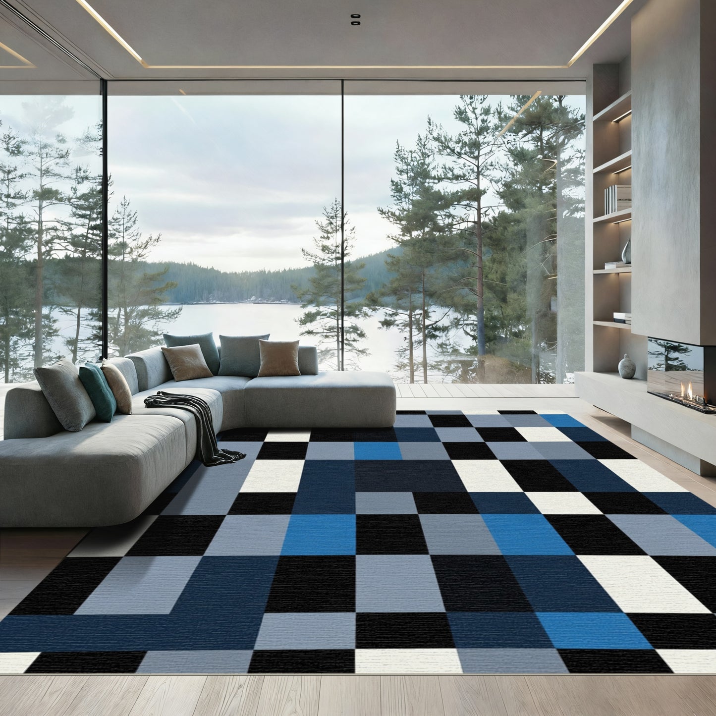 Deep Blue Geometric Checkered Arrangement Rug