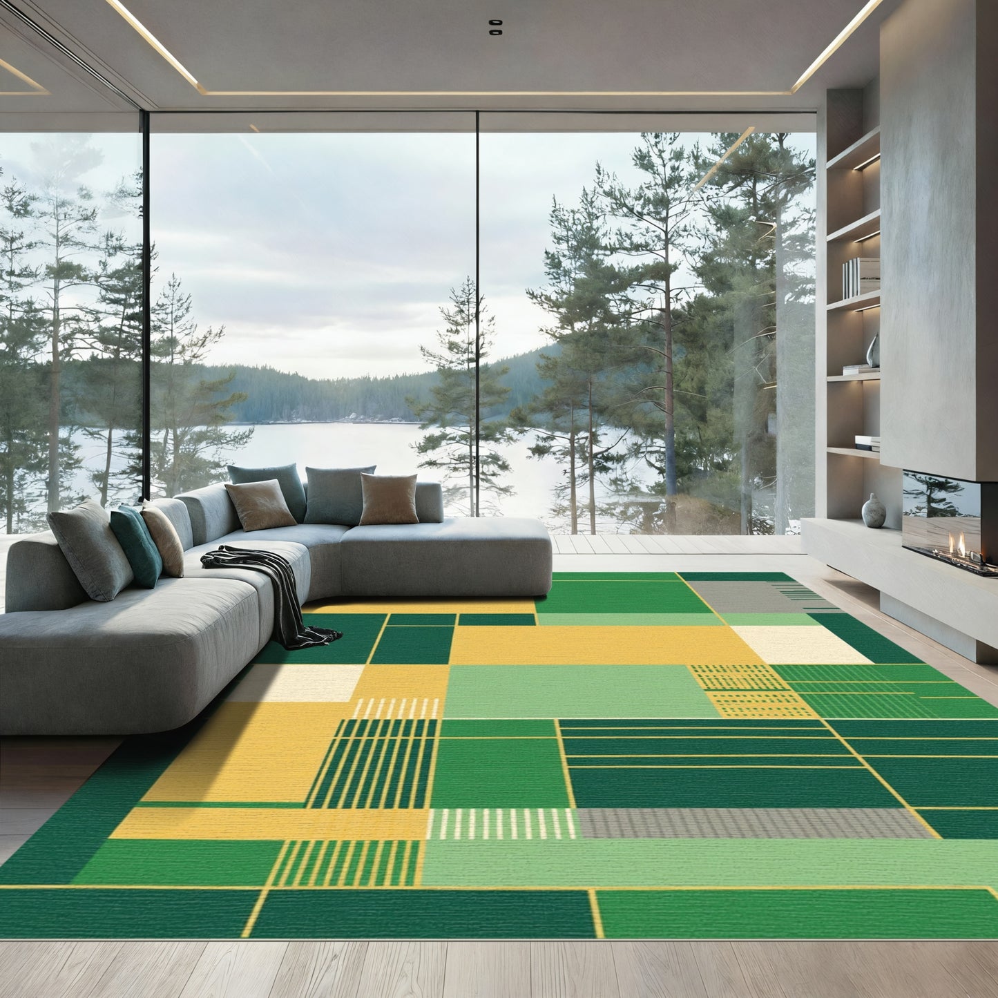 Modern Geometric Blocks Yellow Green Rug