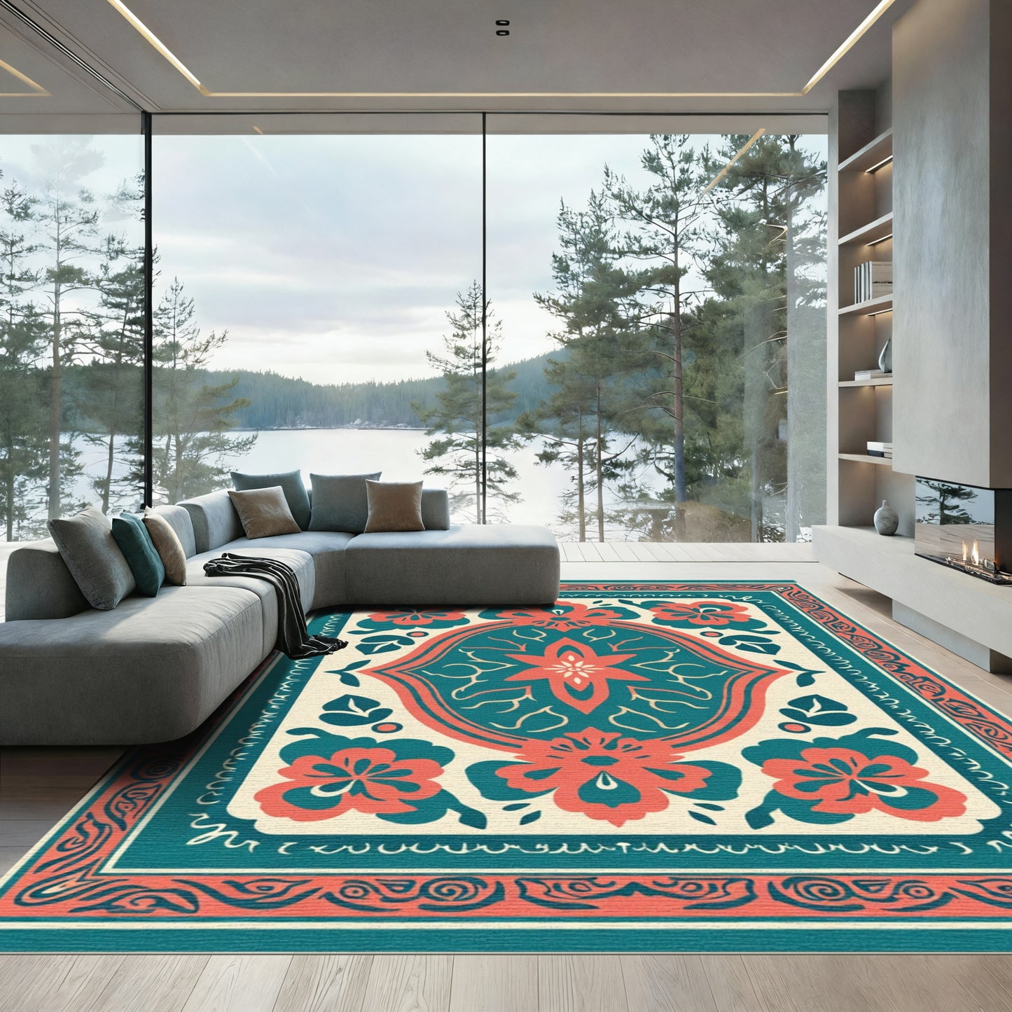 Coral Teal Floral Frame Composition Rug