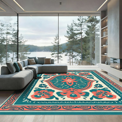 Coral Teal Floral Frame Composition Rug