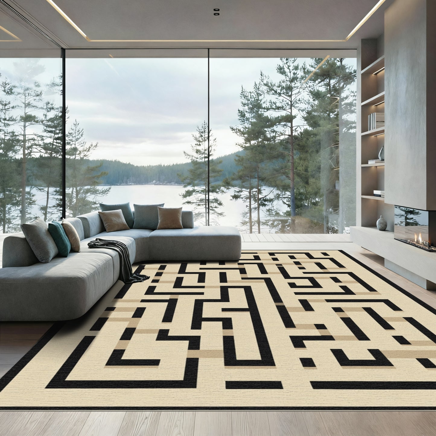 Black Beige Maze Lines Rug