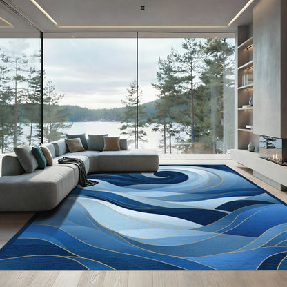 Deep Blue Abstract Swirl Ocean Waves Rug