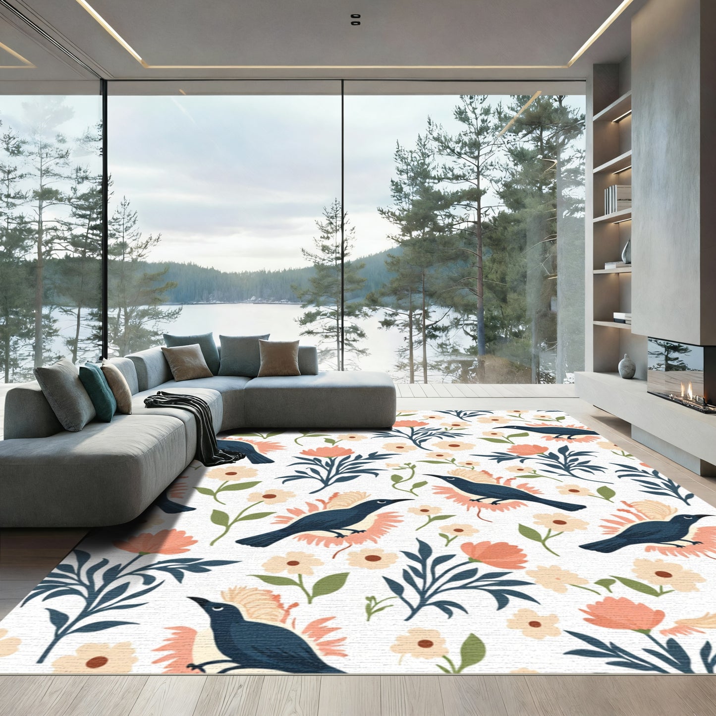 Midnight Blue Birds Peach Floral Grove Rug