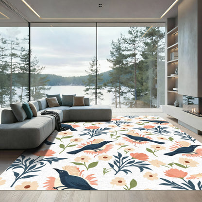 Midnight Blue Birds Peach Floral Grove Rug