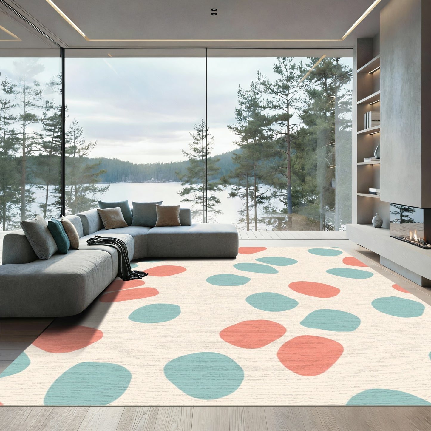 Coral Teal Abstract Pebble Scatter Rug