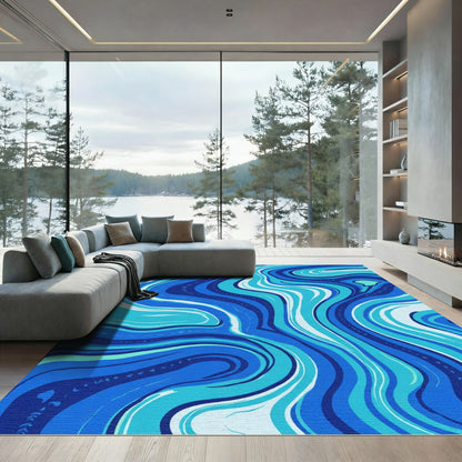 Deep Blue Teal Swirl Abstract Rug