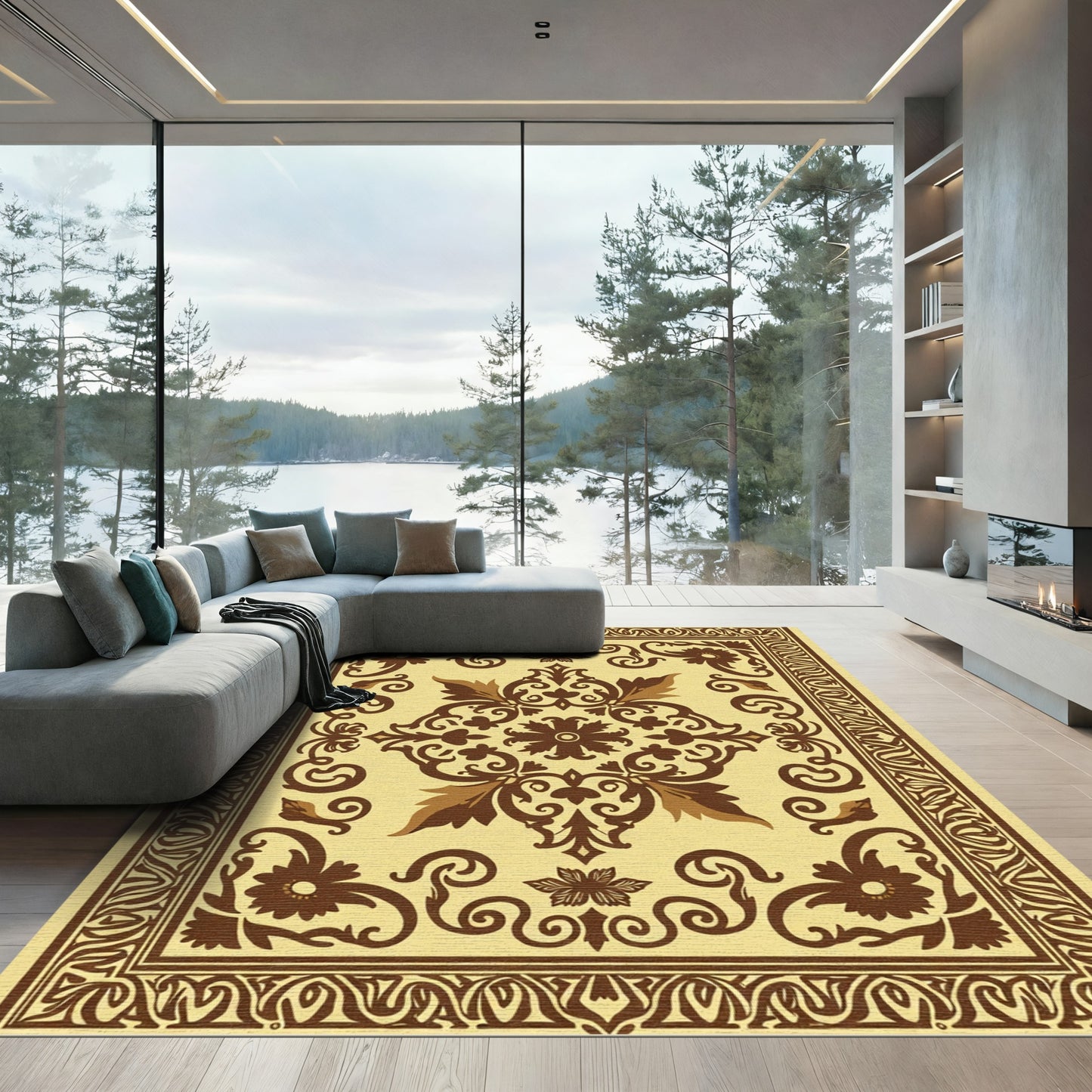 Ornate Brown Floral Medallion Cream Rug