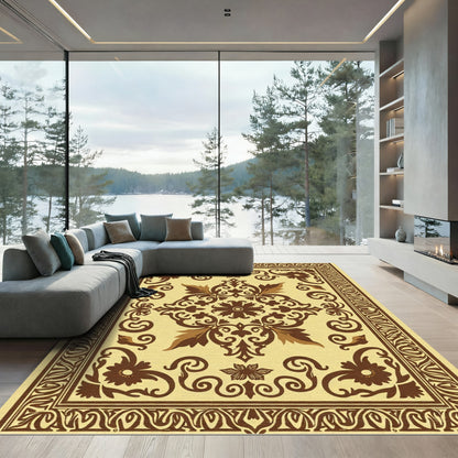 Ornate Brown Floral Medallion Cream Rug