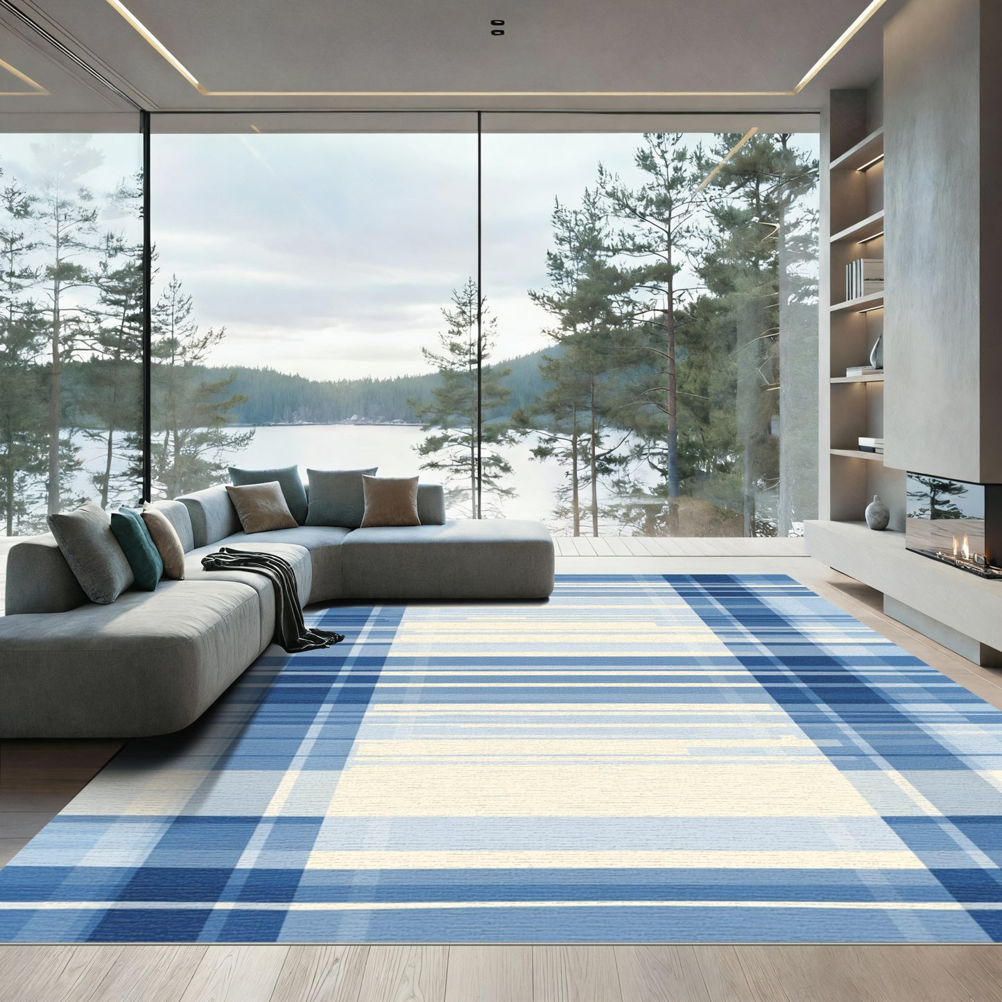 Classic Blue Plaid Geometric Rug