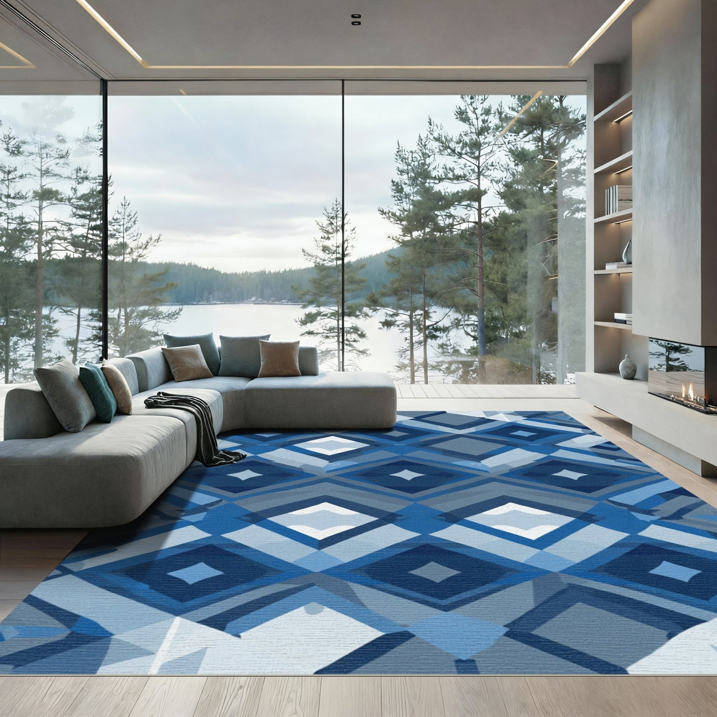 Deep Blue Geometric Diamond Overlay Rug