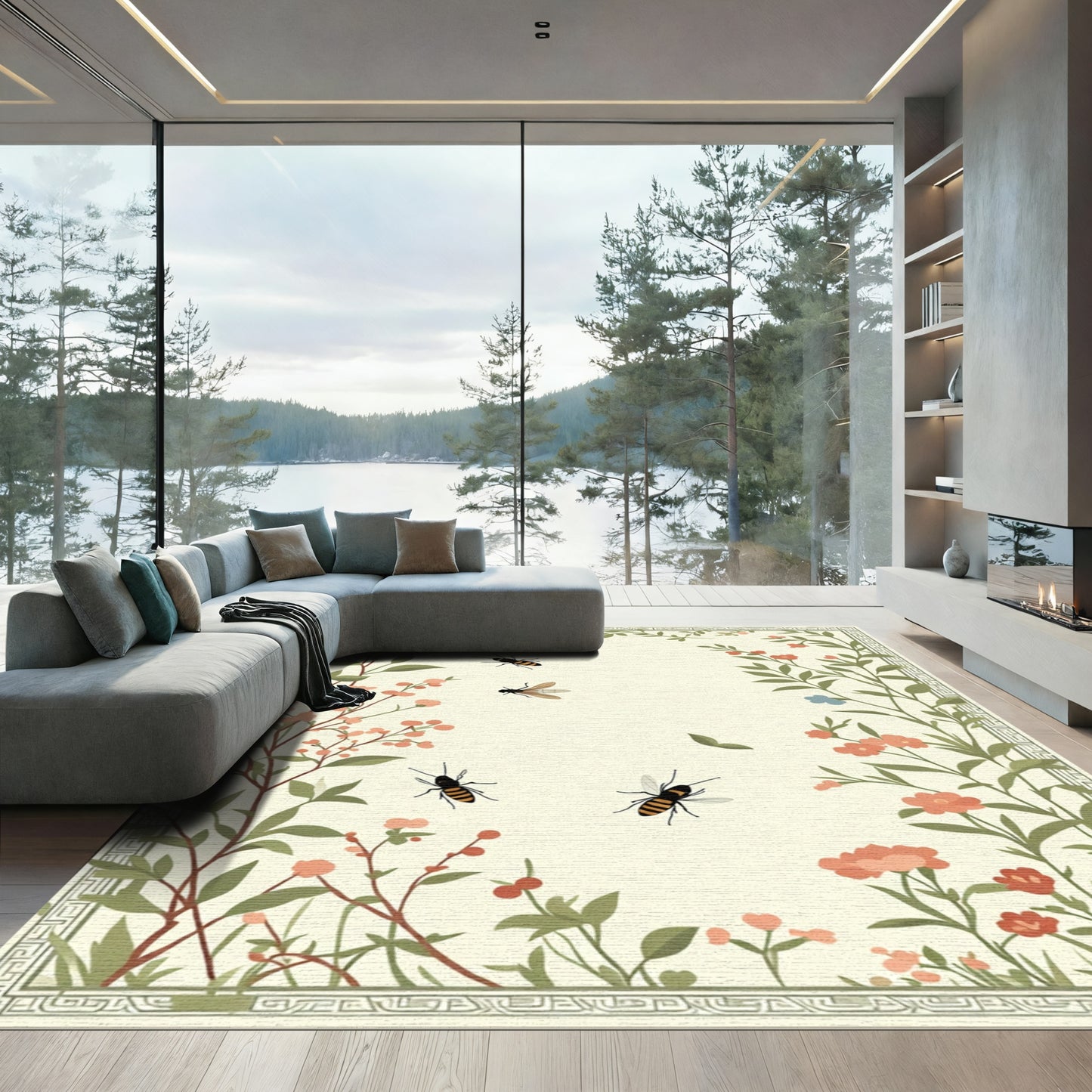 Floral Garden Bees Border Rug