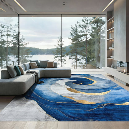 Navy Gold Swirl Marble Rug