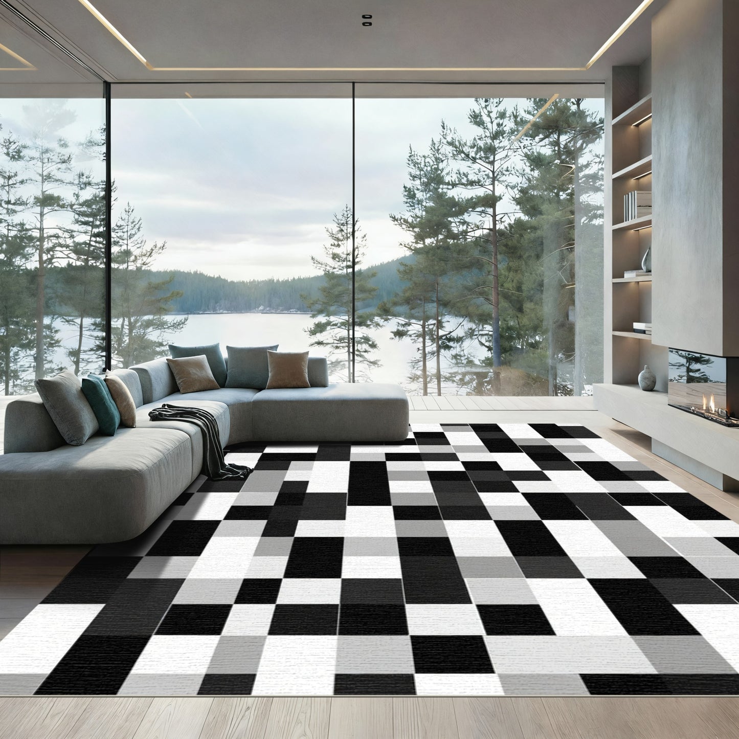 Monochromatic Pixelated Patchwork Grid Rug