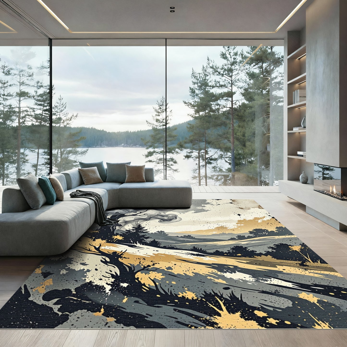 Smoky Black and Gold Landscape Splatter Rug