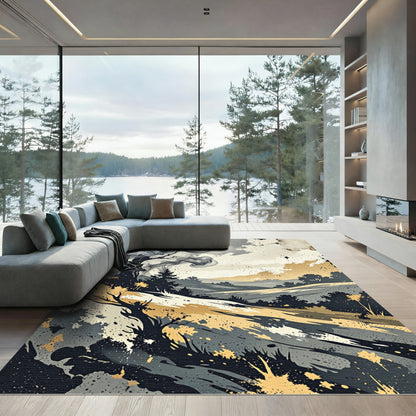 Smoky Black and Gold Landscape Splatter Rug