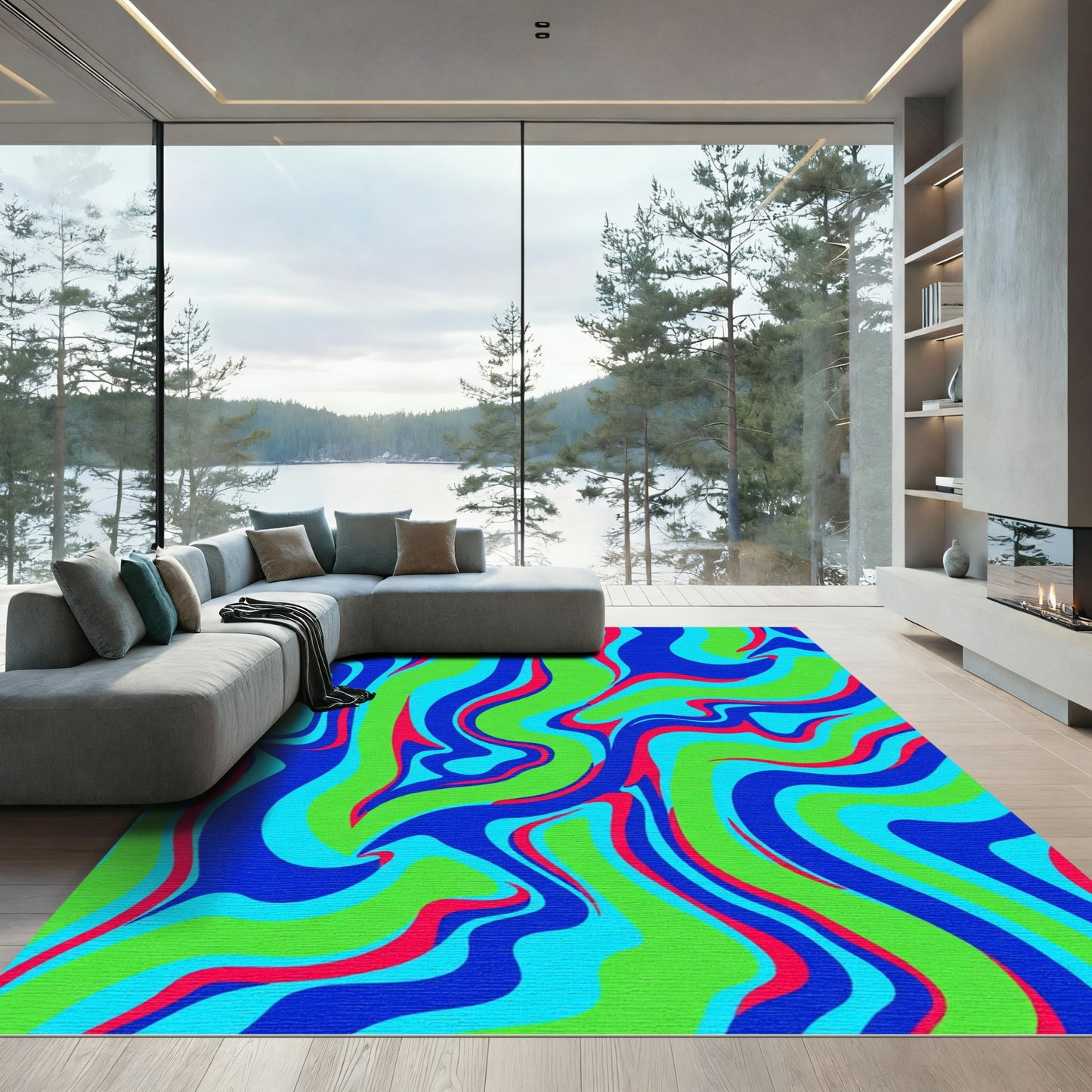 Vibrant Swirling Lines Green Blue Splash Rug