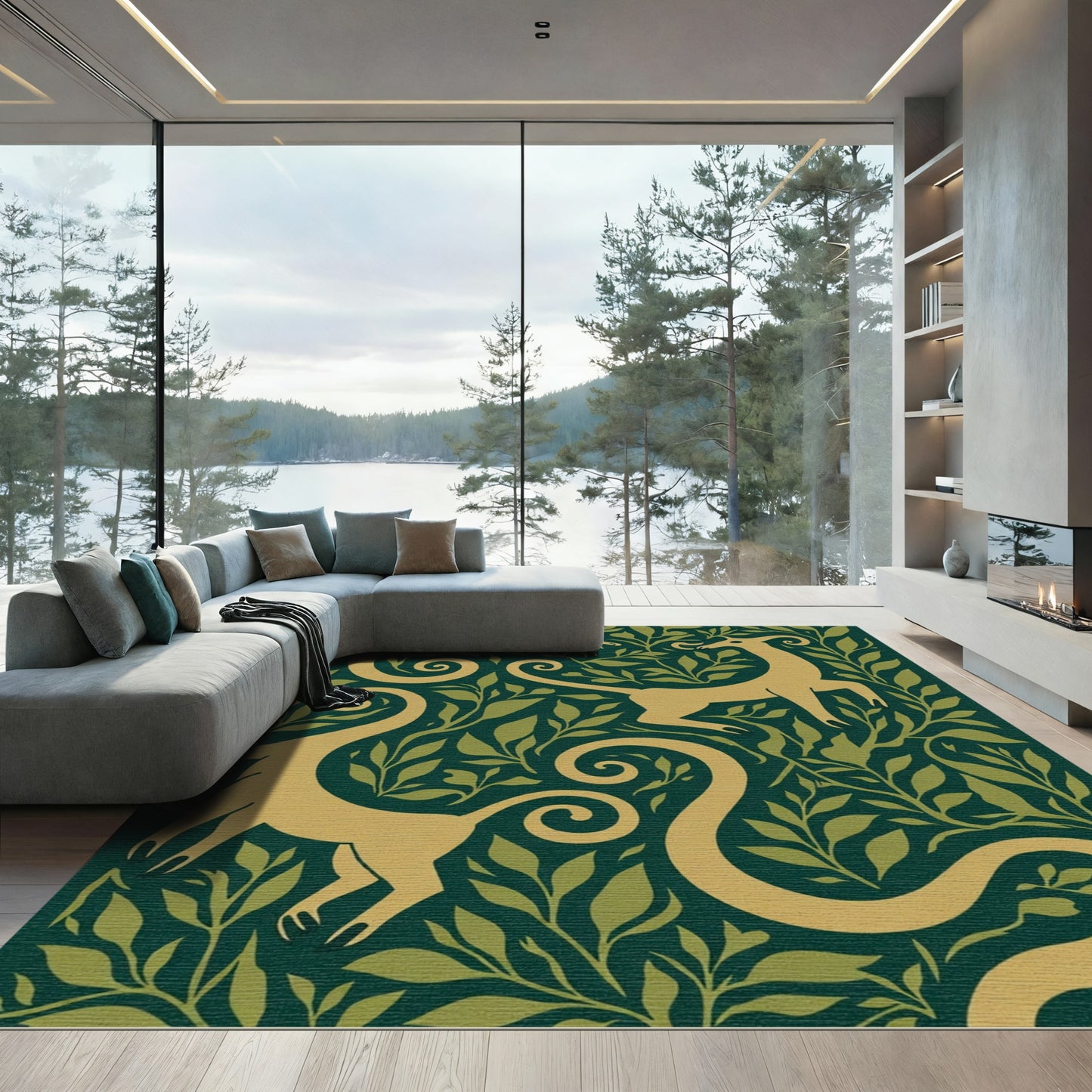 Golden Creatures Amidst Green Foliage Rug