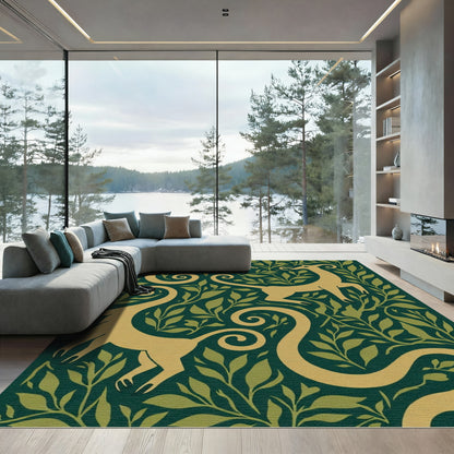 Golden Creatures Amidst Green Foliage Rug