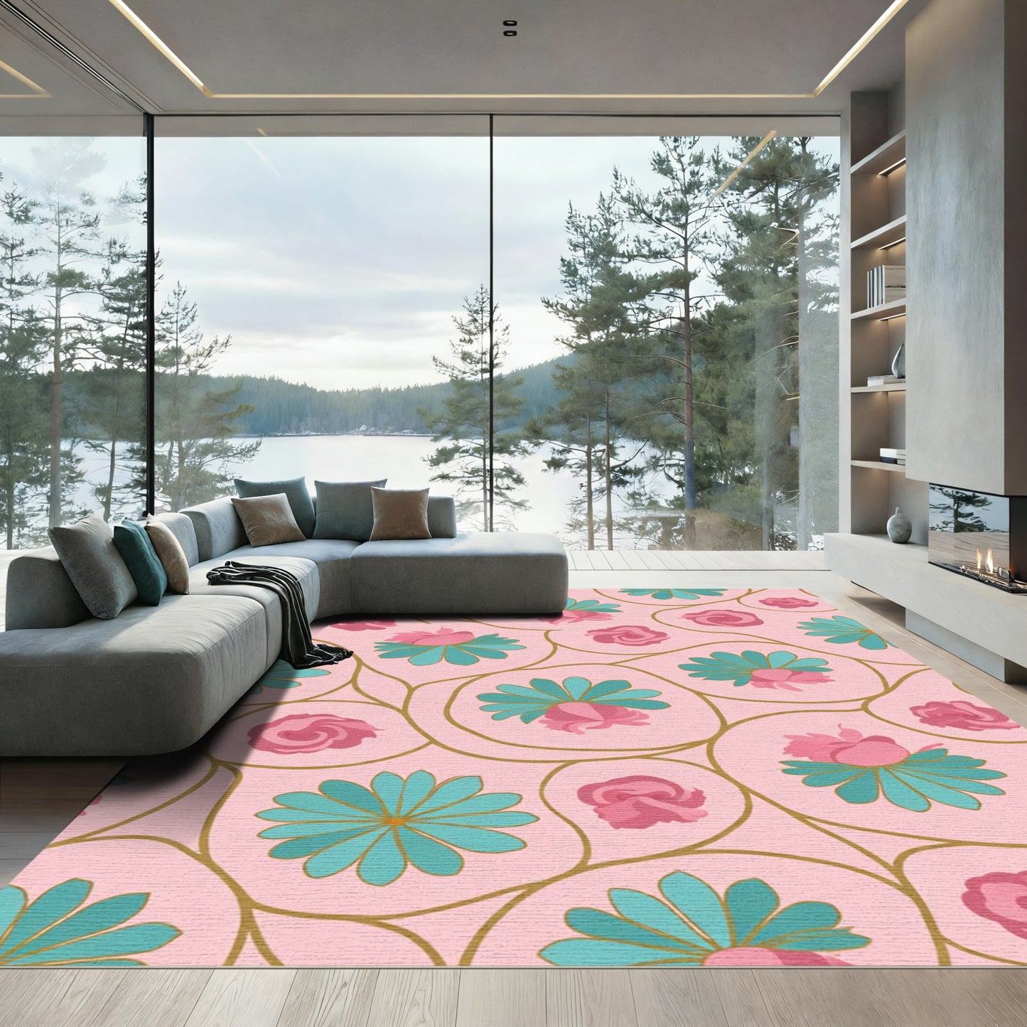 Pink Teal Floral Vine Art Rug