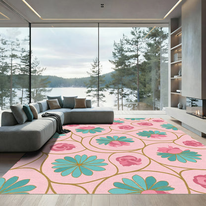 Pink Teal Floral Vine Art Rug