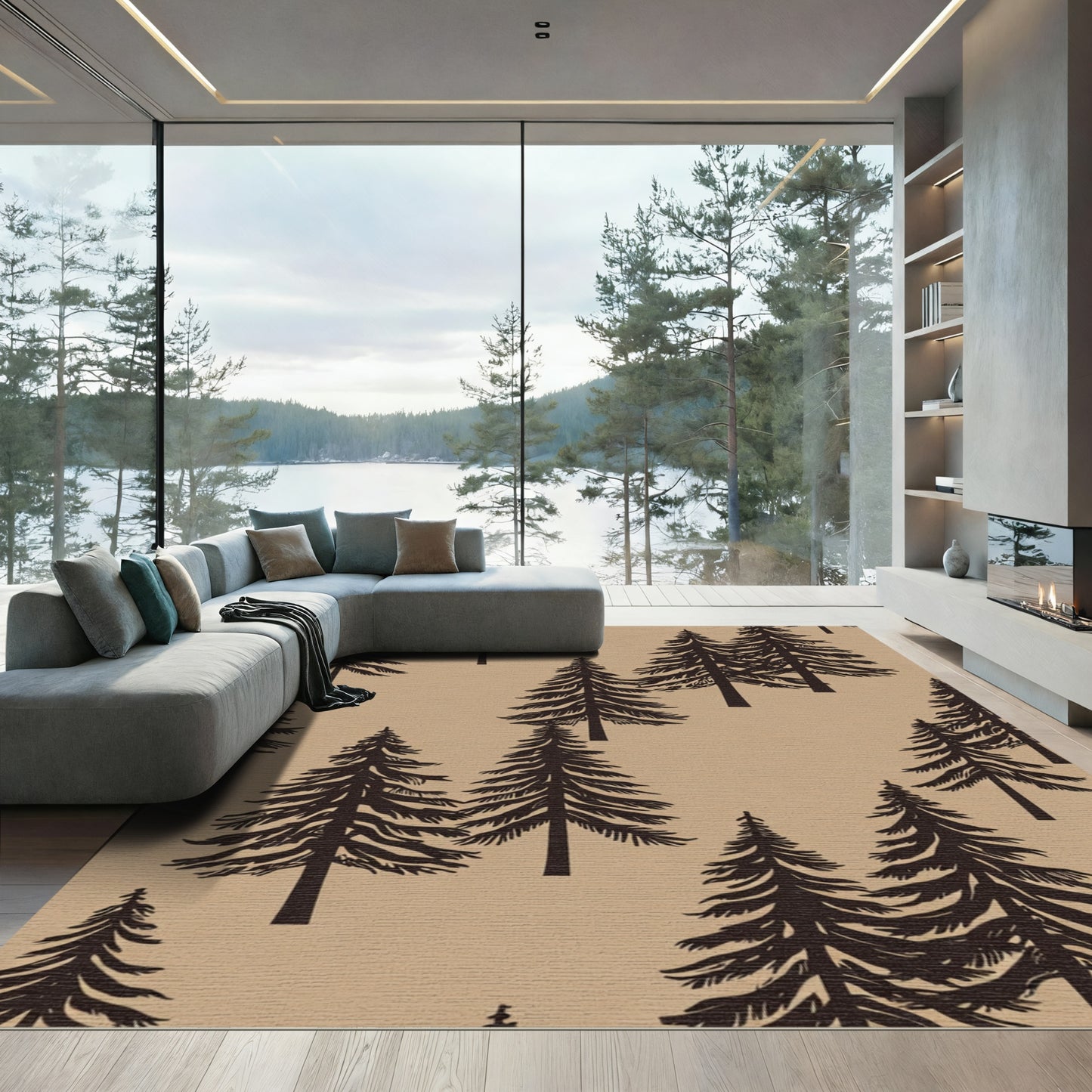 Dark Pine Trees Tan Background Rug
