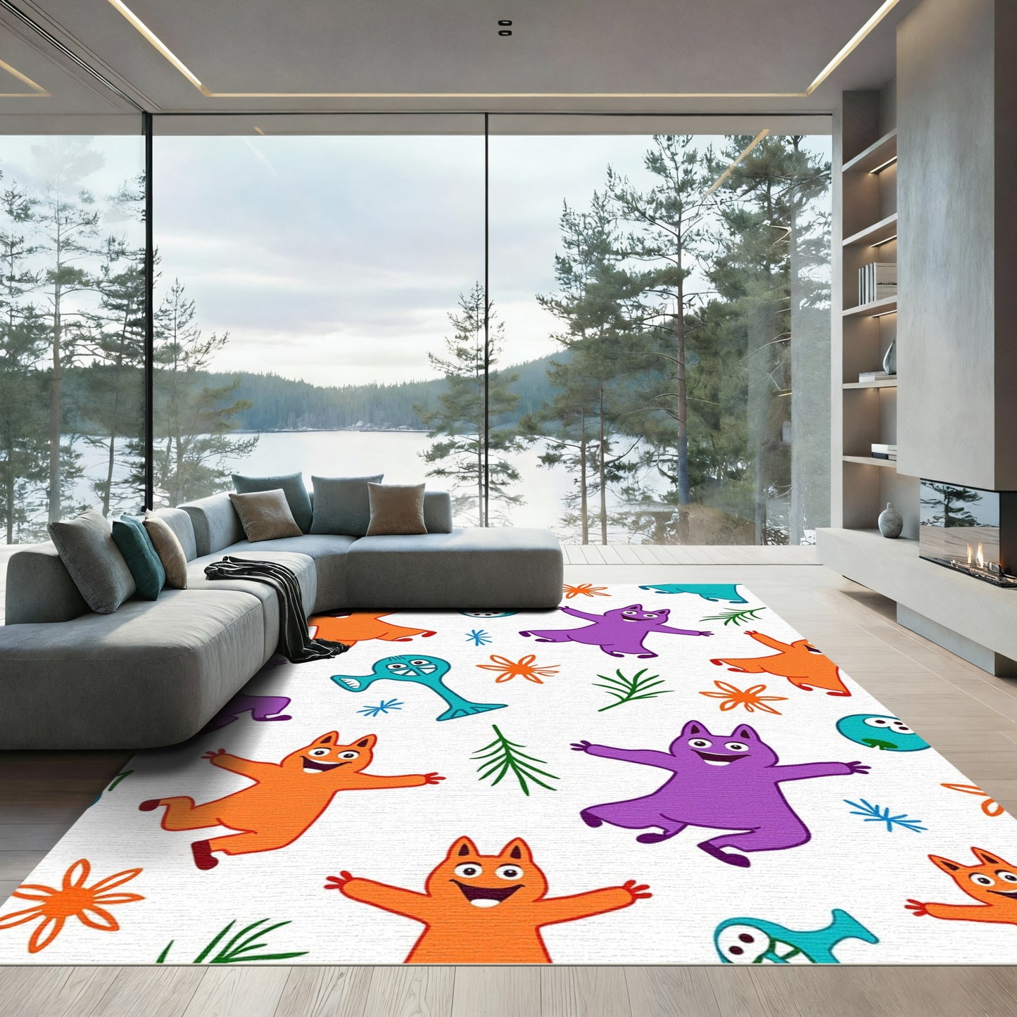 Whimsical Orange Purple Feline Friends Rug