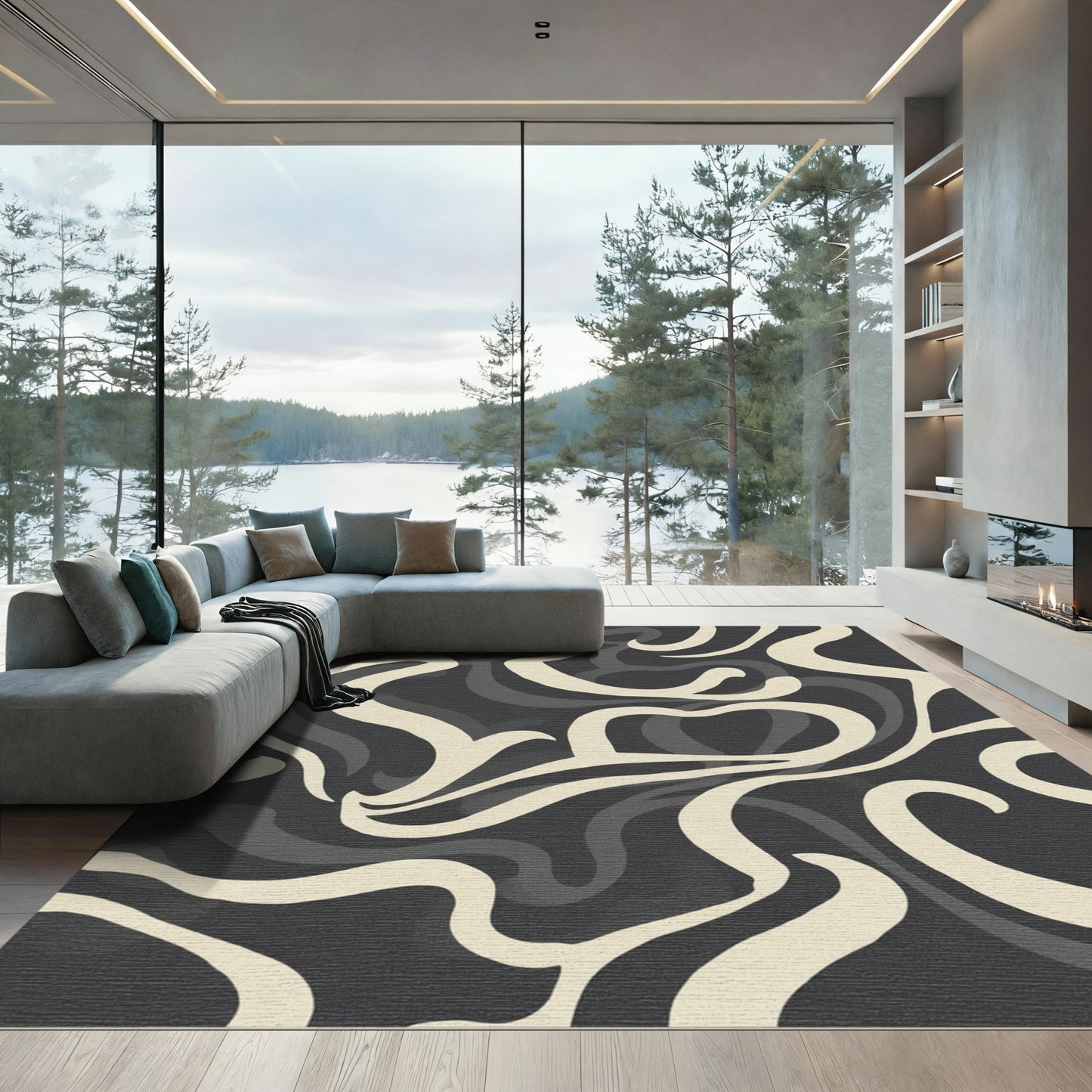 Cream Gray Swirl Abstract Rug